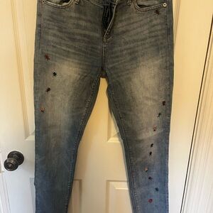 Lucky Brand Medium Light Blue Skinny Jeans with Multicolor Bug Embroidery